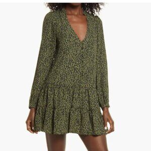Nordstrom Row A Women's Long Sleeve Mini Dress Ruffle Hem - Green/Black - Large